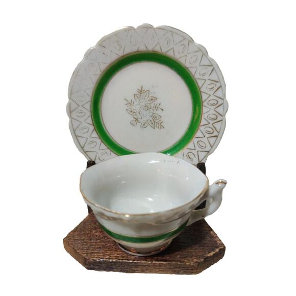 Green Gold Geometric Mini Cup Saucer No Stand Included Made In Japan - Picture 1 of 3